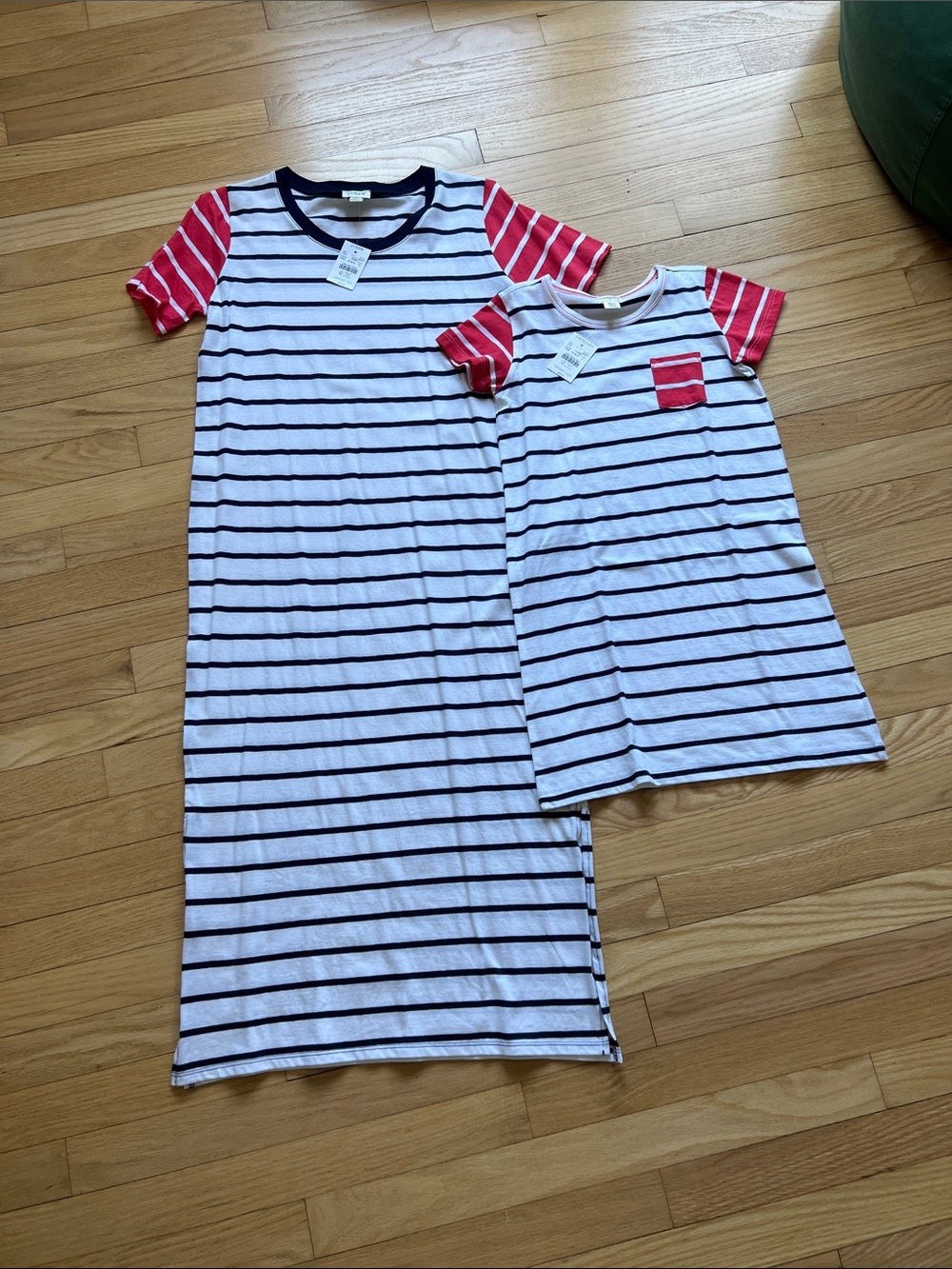 J. Crew Mommy & Me matching White & Navy Striped Dresses with Red Striped Sleeve